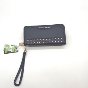 Badgley Mischka Navy Vegan Leather Studded Wristlet Small‎ Purse Wallet $59